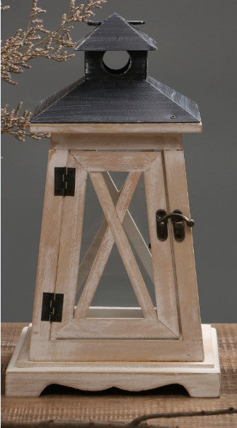 Rustic Distressed Wood Lantern Candle Holder with Glass Panels and Metal Roof Bowlift