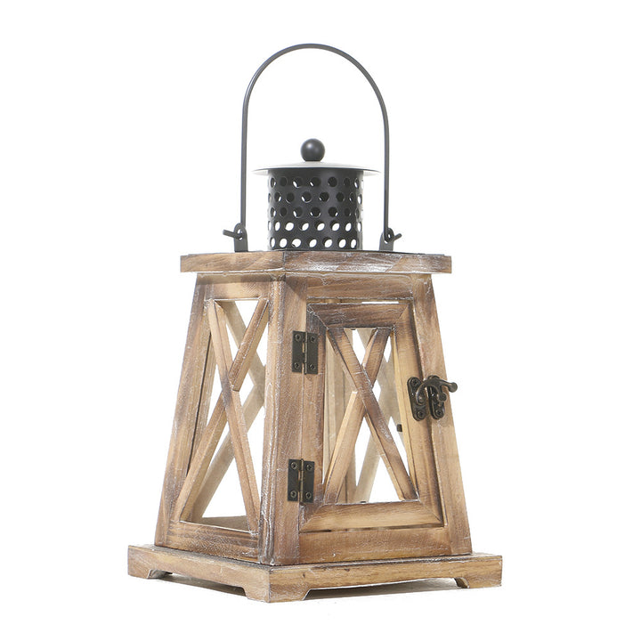 Distressed Wood Glass Candle Lantern with Perforated Metal Top and Vintage Latch Bowlift
