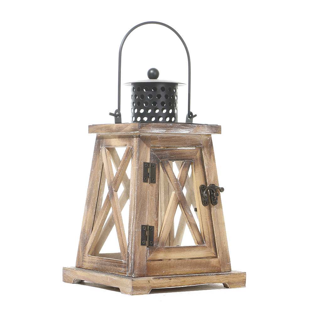 Rustic Wooden Glass-Paneled Lantern with Metal Roof and Latch Candle Holder Bowlift