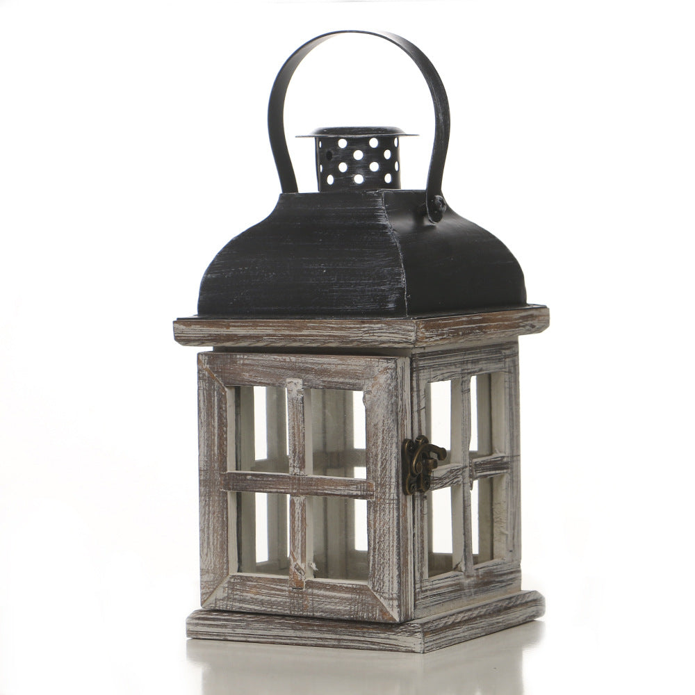 Distressed Wood Glass Candle Lantern with Perforated Metal Top and Vintage Latch Bowlift