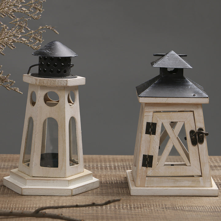 Distressed Wood Glass Candle Lantern with Perforated Metal Top and Vintage Latch Bowlift
