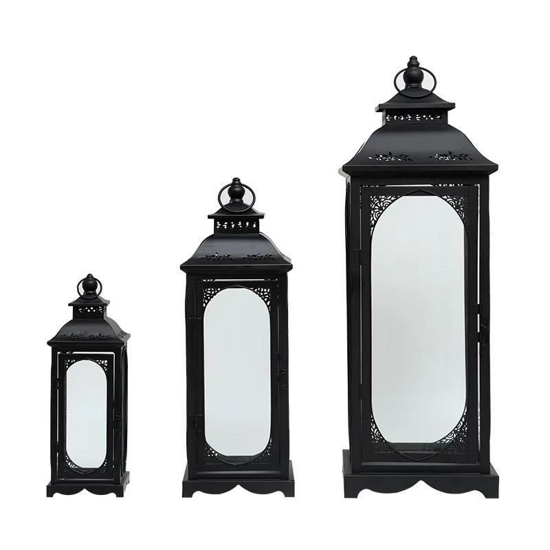 Decorative Metal Glass Lantern Set with Arched Paneled Windows and Filigree Top Bowlift
