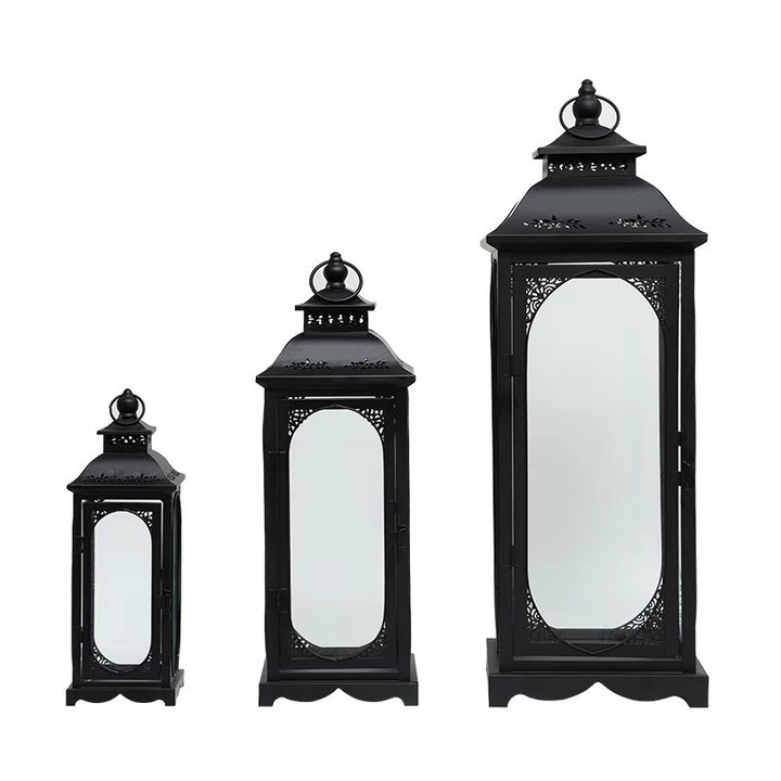 Decorative Metal Glass Lantern Set with Arched Paneled Windows and Filigree Top Bowlift