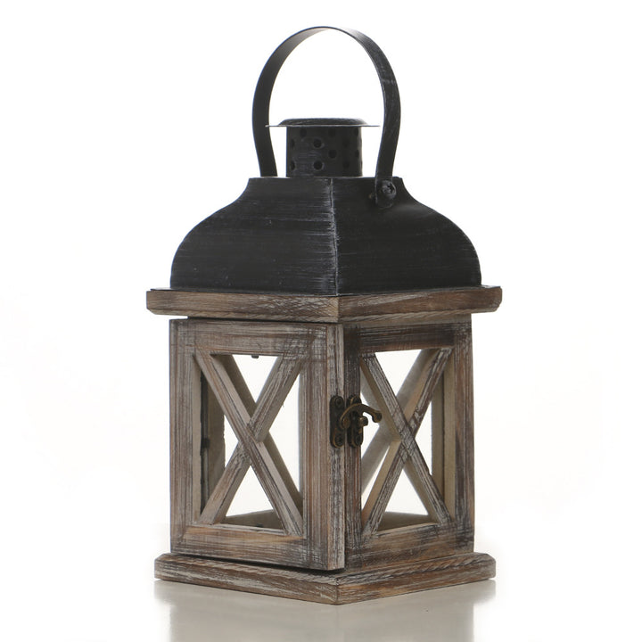 Rustic Wooden Glass-Paneled Lantern with Metal Roof and Latch Candle Holder Bowlift
