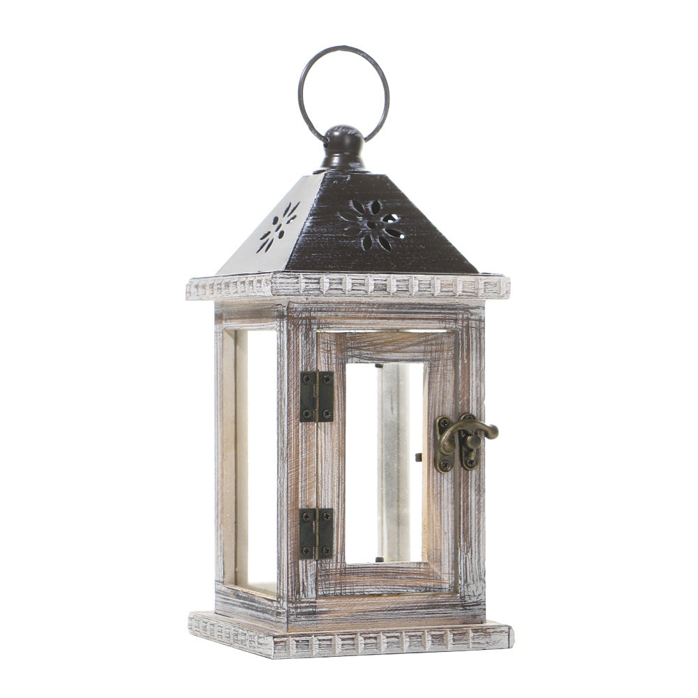 Rustic Wooden Glass-Paneled Lantern with Metal Roof and Latch Candle Holder Bowlift