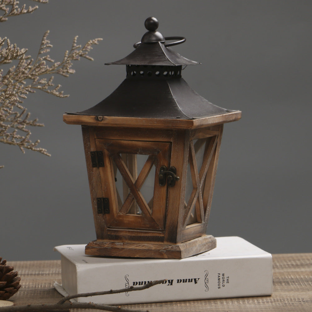 Rustic Wooden Glass-Paneled Lantern with Metal Roof and Latch Candle Holder Bowlift