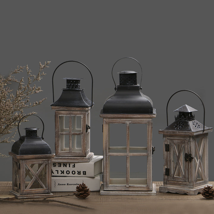 Rustic Distressed Wood Glass-Paneled Decorative Candle Lantern with Metal Top and Carry Handle Bowlift
