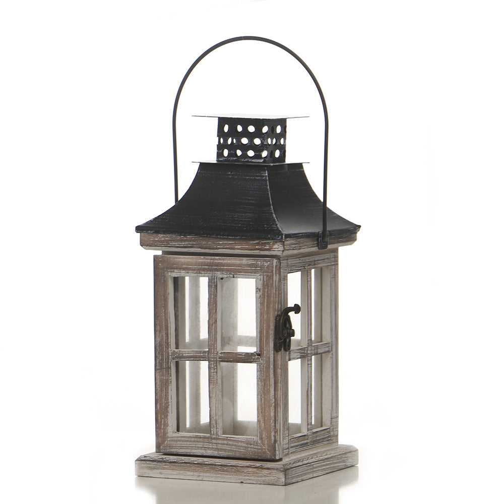 Rustic Wooden Glass-Paneled Lantern with Metal Roof and Latch Candle Holder Bowlift
