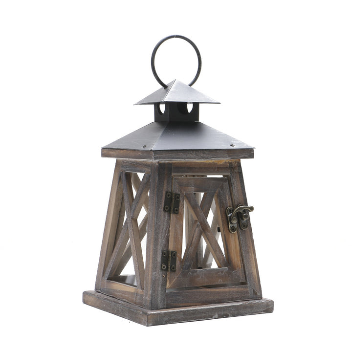 Rustic Wooden Glass-Paneled Lantern with Metal Roof and Latch Candle Holder Bowlift