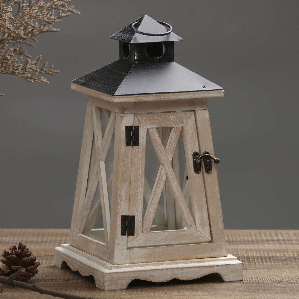 Rustic Wooden Glass-Paneled Lantern with Metal Roof and Latch Candle Holder Bowlift