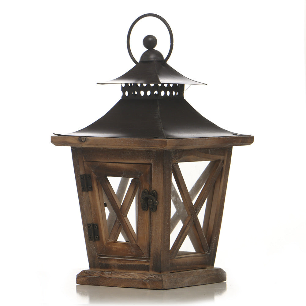 Farmhouse Wooden Lantern with Metal Pagoda Roof and Glass Panels Bowlift