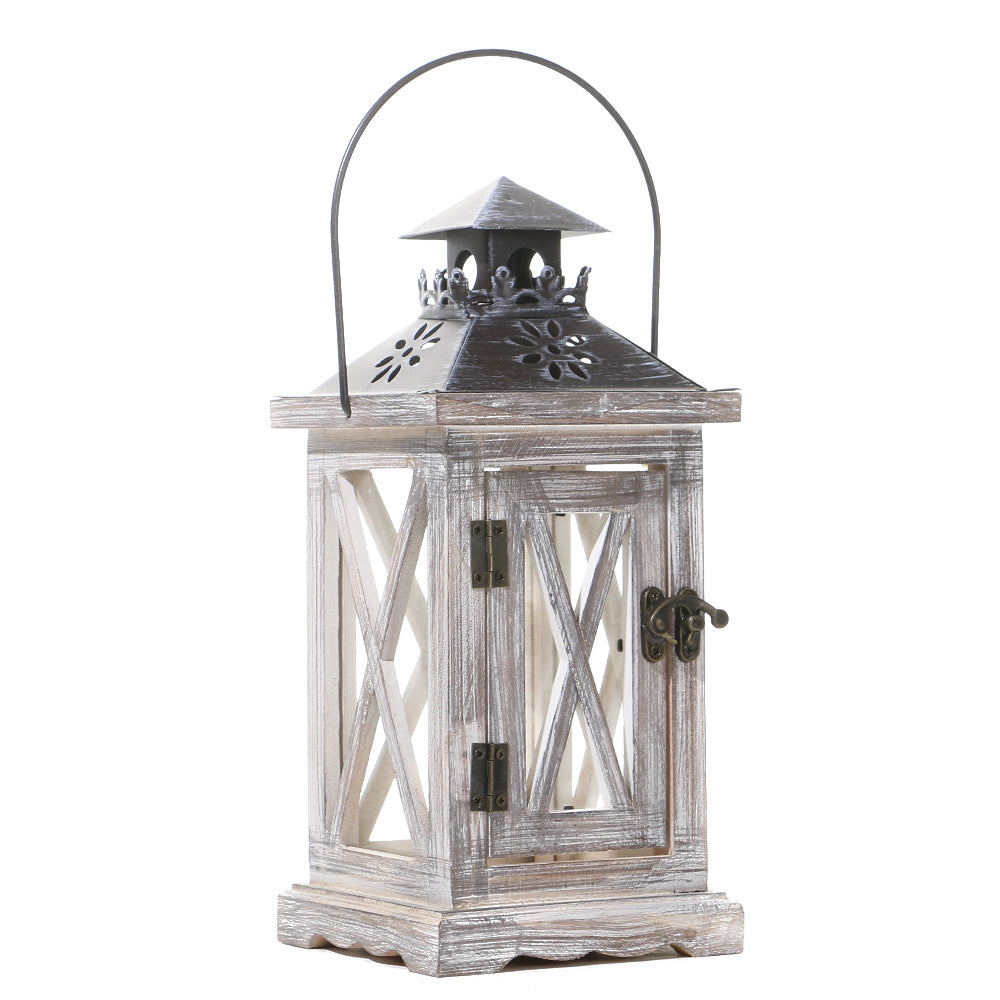 Rustic Distressed Wood Glass-Paneled Decorative Candle Lantern with Metal Top and Carry Handle Bowlift
