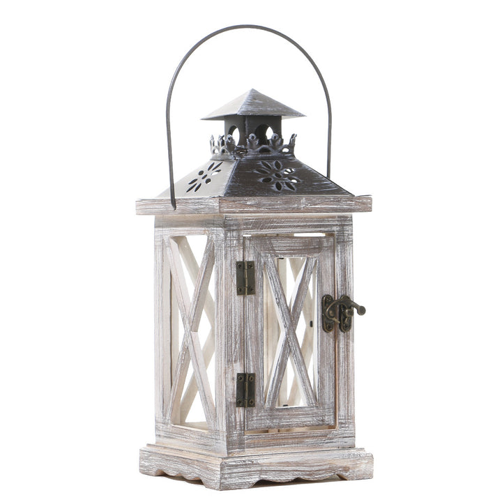 Rustic Distressed Wood Glass-Paneled Decorative Candle Lantern with Metal Top and Carry Handle Bowlift