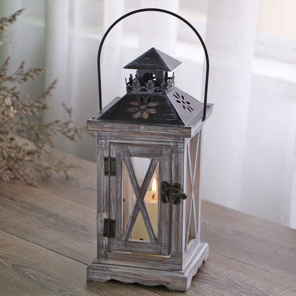 Rustic Distressed Wood Glass-Paneled Decorative Candle Lantern with Metal Top and Carry Handle Bowlift