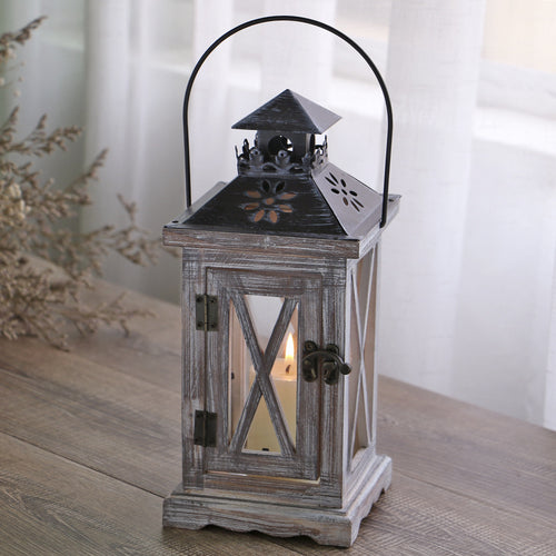 Rustic Distressed Wood Glass-Paneled Decorative Candle Lantern with Metal Top and Carry Handle Bowlift
