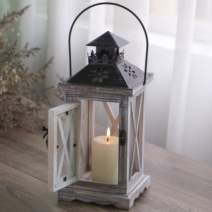Rustic Distressed Wood Glass-Paneled Decorative Candle Lantern with Metal Top and Carry Handle Bowlift