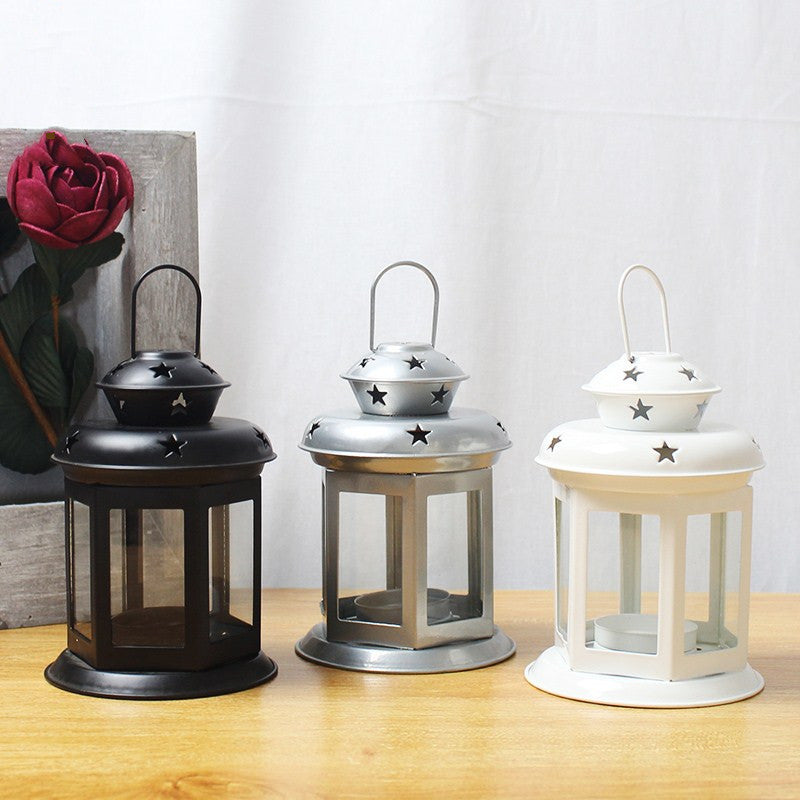 Mini Hexagonal Glass-Panelled Party Tealight Lantern with Star Venting and Carry Handle Bowlift