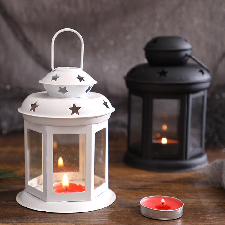 Mini Hexagonal Glass-Panelled Party Tealight Lantern with Star Venting and Carry Handle Bowlift