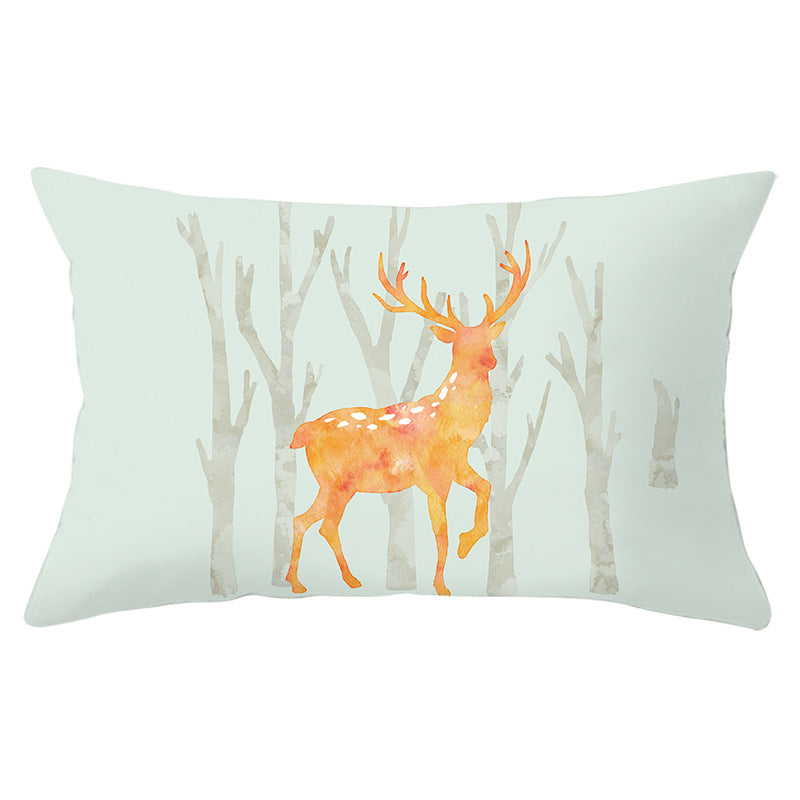Rectangular Winter Deer Scenic Lumbar Pillow Cover with Linen-Texture and Concealed Zipper