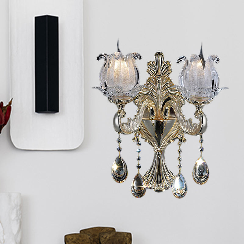 BowLift | 1/2-Light Frosted Glass Wall Lamp Traditional Gold Semi-Open Flower Living Room Wall-Mounted Light