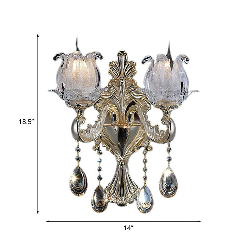 BowLift | 1/2-Light Frosted Glass Wall Lamp Traditional Gold Semi-Open Flower Living Room Wall-Mounted Light