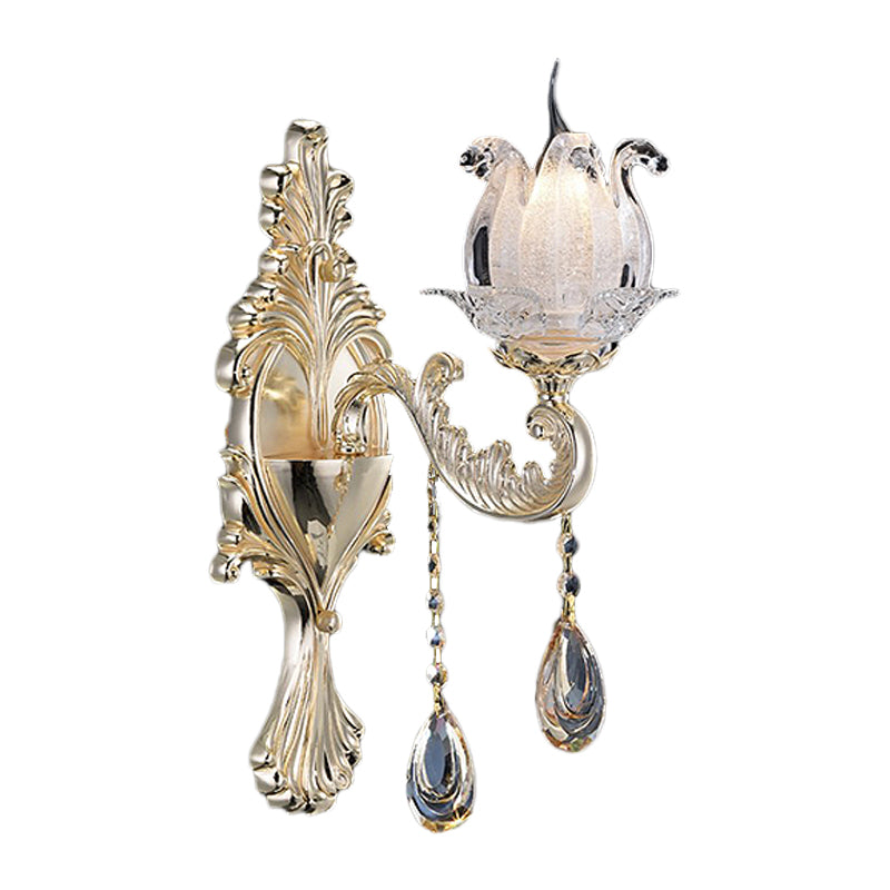 BowLift | 1/2-Light Frosted Glass Wall Lamp Traditional Gold Semi-Open Flower Living Room Wall-Mounted Light