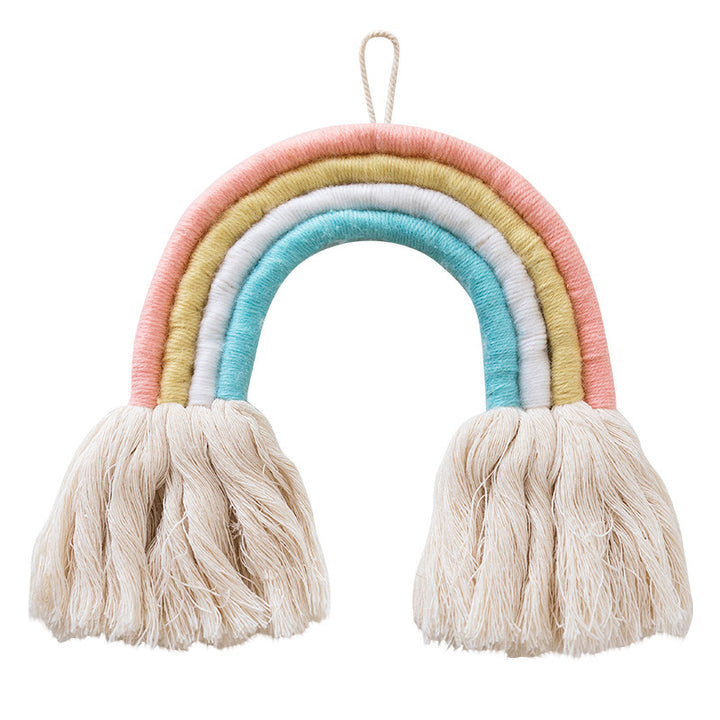 Macrame wall hanging in rainbow shape, handcrafted cotton yarn decorative element Bowlift