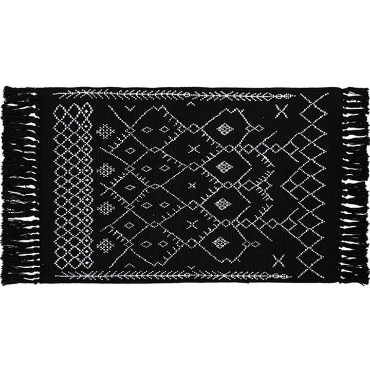 Woven cotton rug runner with flat weave structure, graphic diamond ethnic pattern and fringes