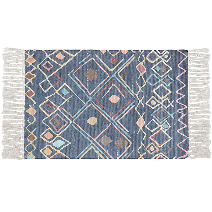 Flat-woven cotton carpet runner with ethnic diamond pattern and decorative fringes Bowlift