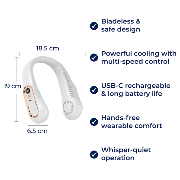 CoolEase | Portable Neck Fan – Hands‑Free Bladeless Cooling – Five‑Speed USB‑C – Travel Office Commuters Bowlift