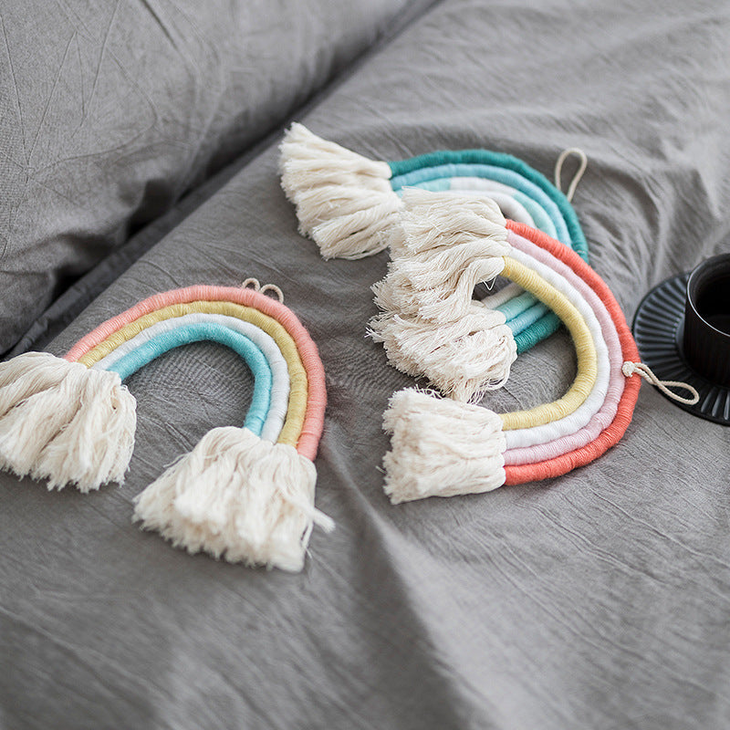 Macrame wall hanging in rainbow shape, handcrafted cotton yarn decorative element Bowlift