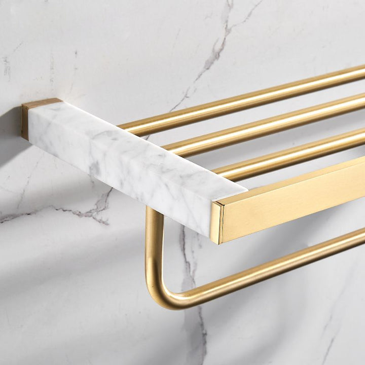 BowLift | Brushed Brass Bathroom Accessory Set Metal & Marble Bathroom Hardware Set with Bathtub Shelf
