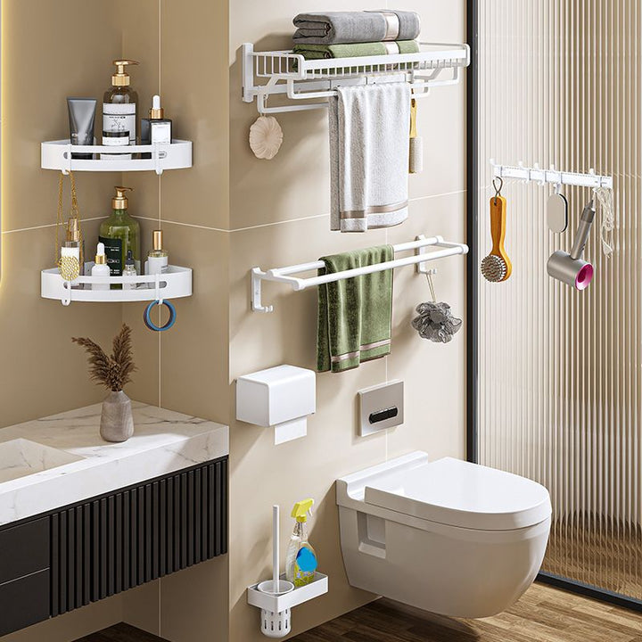 BowLift | Modern bathroom accessory set in white with bath shelf/towel bar/bath towel hooks