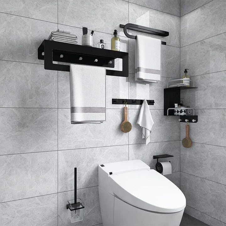 BowLift | Black 6-piece Bathroom Accessory Set Modern Shower Curtain Rod / Bathrobe Hooks and Towel Bar