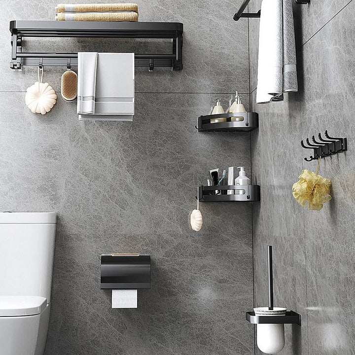 BowLift | Modern Matte Black Bathroom Accessory Set with Bath Shelf/Towel Hooks/Towel Bar