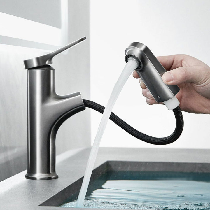 BowLift | Contemporary Bath Faucet Brass Lever Handle Pull-Out Sink Faucet