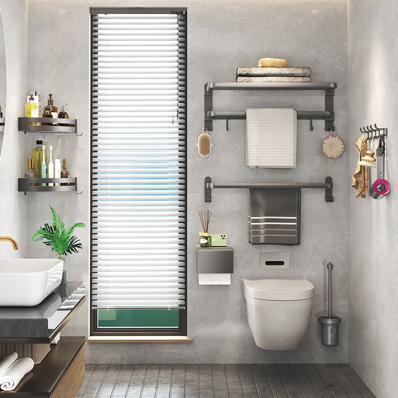 BowLift | Modern gray bathroom hardware set with bath shelf/towel holder/robe hook/toilet paper holder