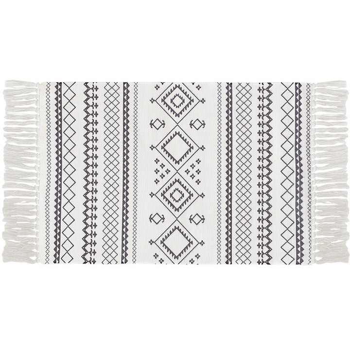 Flat-woven cotton carpet runner with ethnic diamond pattern and decorative fringes Bowlift