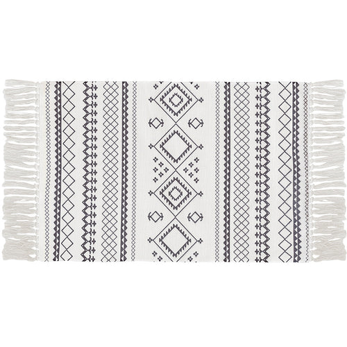 Flat-woven cotton carpet runner with ethnic diamond pattern and decorative fringes Bowlift