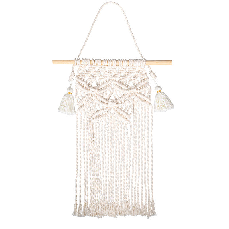 Macramé wall hanging with geometric triple tassel design and wooden rod Bowlift
