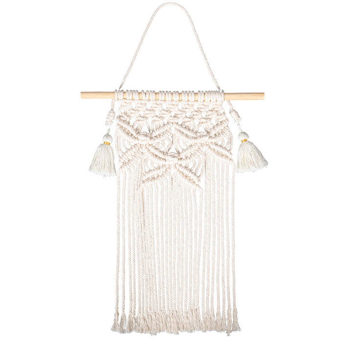 Macramé wall hanging with geometric triple tassel design and wooden rod Bowlift