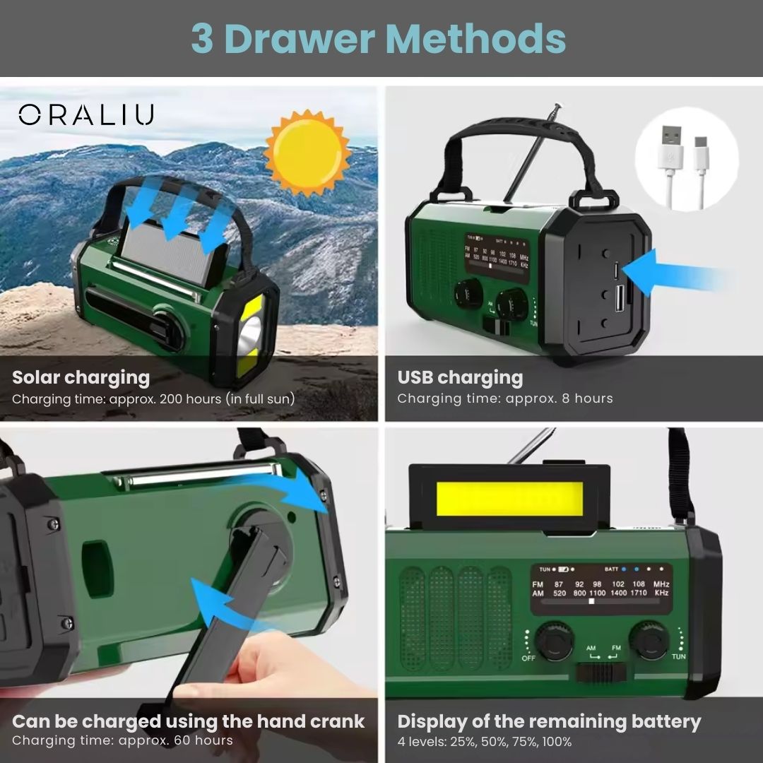 BowLift | Solar Emergency Radio with Power Bank – Hand Crank & LED Torch for Camping and Outdoor Use