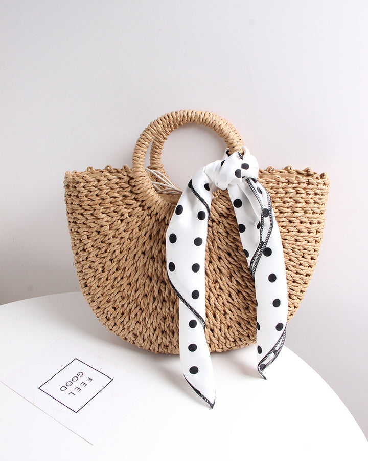 Braided basket bag with elegant silk scarf Bowlift