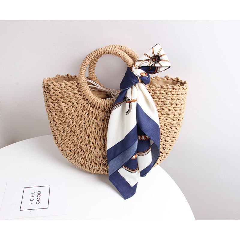 Braided basket bag with elegant silk scarf Bowlift