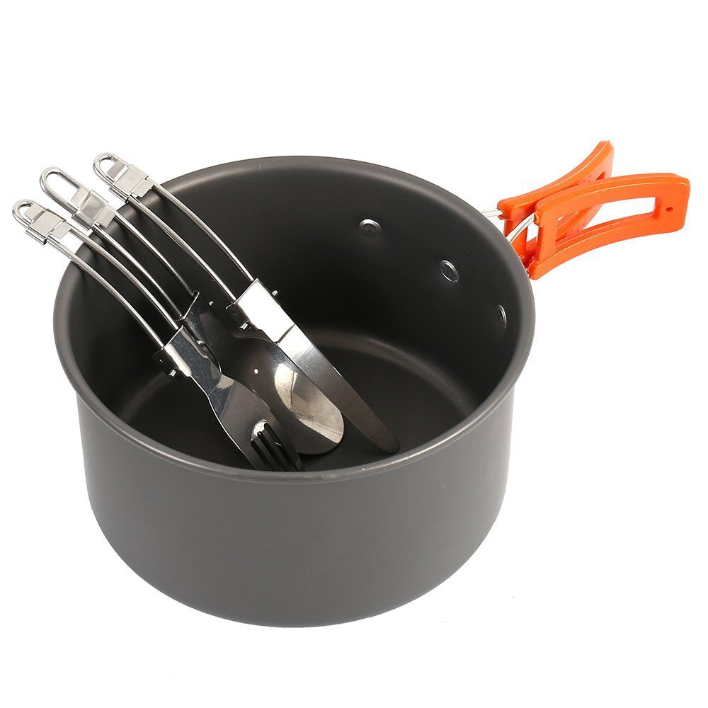 lightweight nonstick camping cookware set with folding kettle pot pan stainless utensils silicone trivet and carry pouch Bowlift