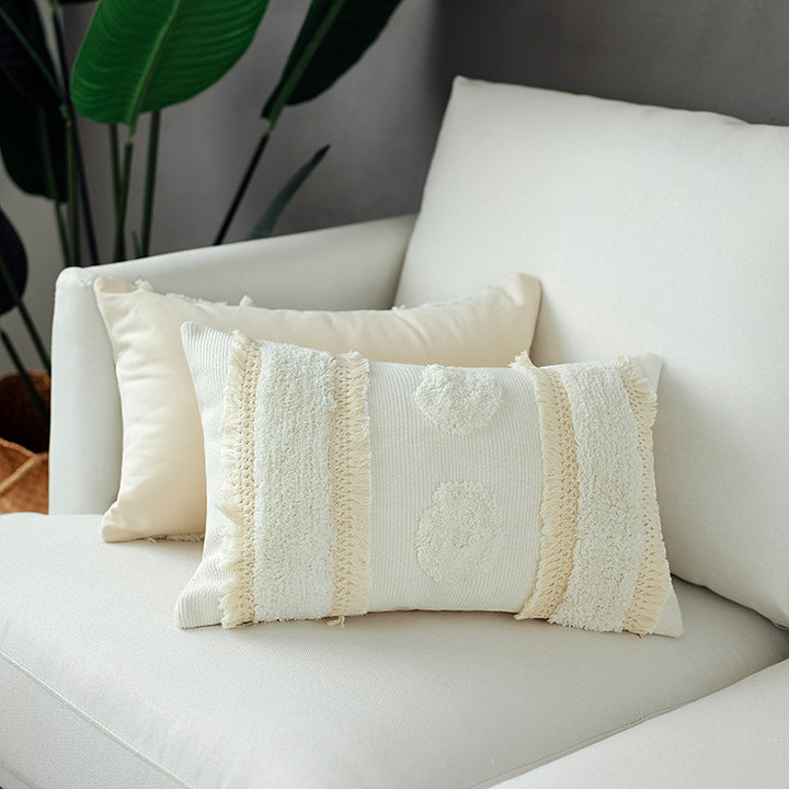 Decorative woven cushion cover with tufted circle applications and textured cotton surface Bowlift