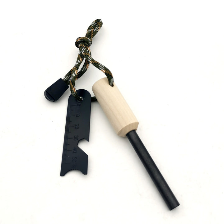 ferrocerium fire starter rod with wooden handle tactical striker multi-tool and paracord lanyard Bowlift