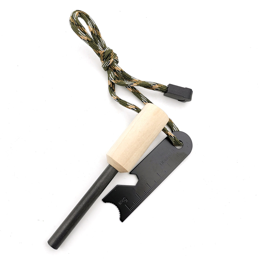 ferrocerium fire starter rod with wooden handle tactical striker multi-tool and paracord lanyard Bowlift