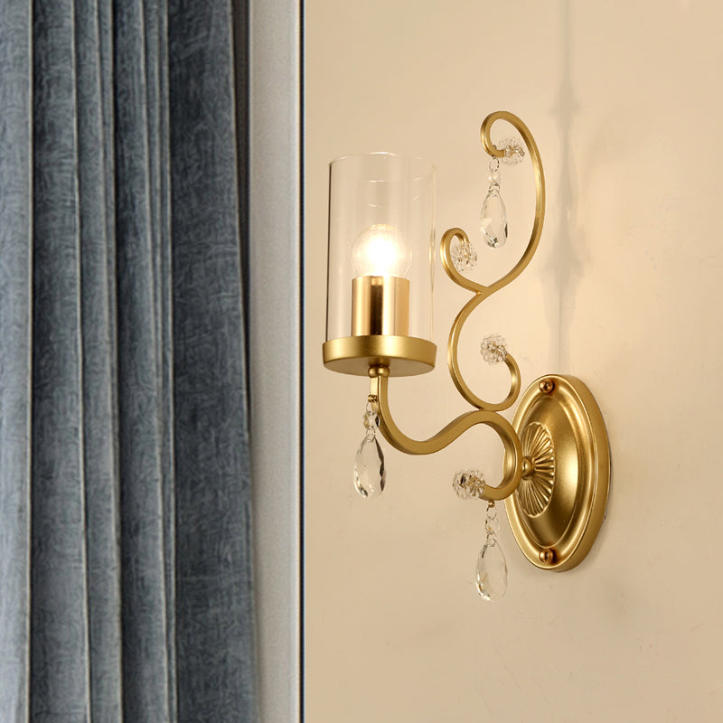BowLift | Cylinder Clear Glass Wall Light Wall Lamp Contemporary 1/2 Heads Bedroom Wall Mounted Lamp in Gold
