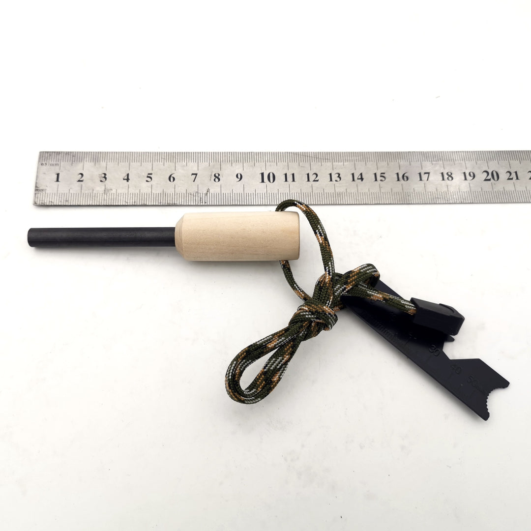 ferrocerium fire starter rod with wooden handle tactical striker multi-tool and paracord lanyard Bowlift